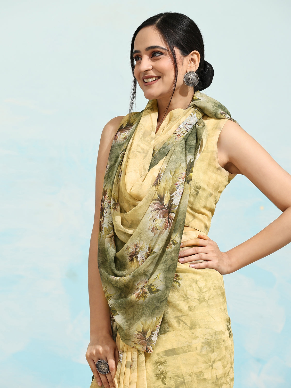 Yellow Floral Printed Satin Party Wear Saree