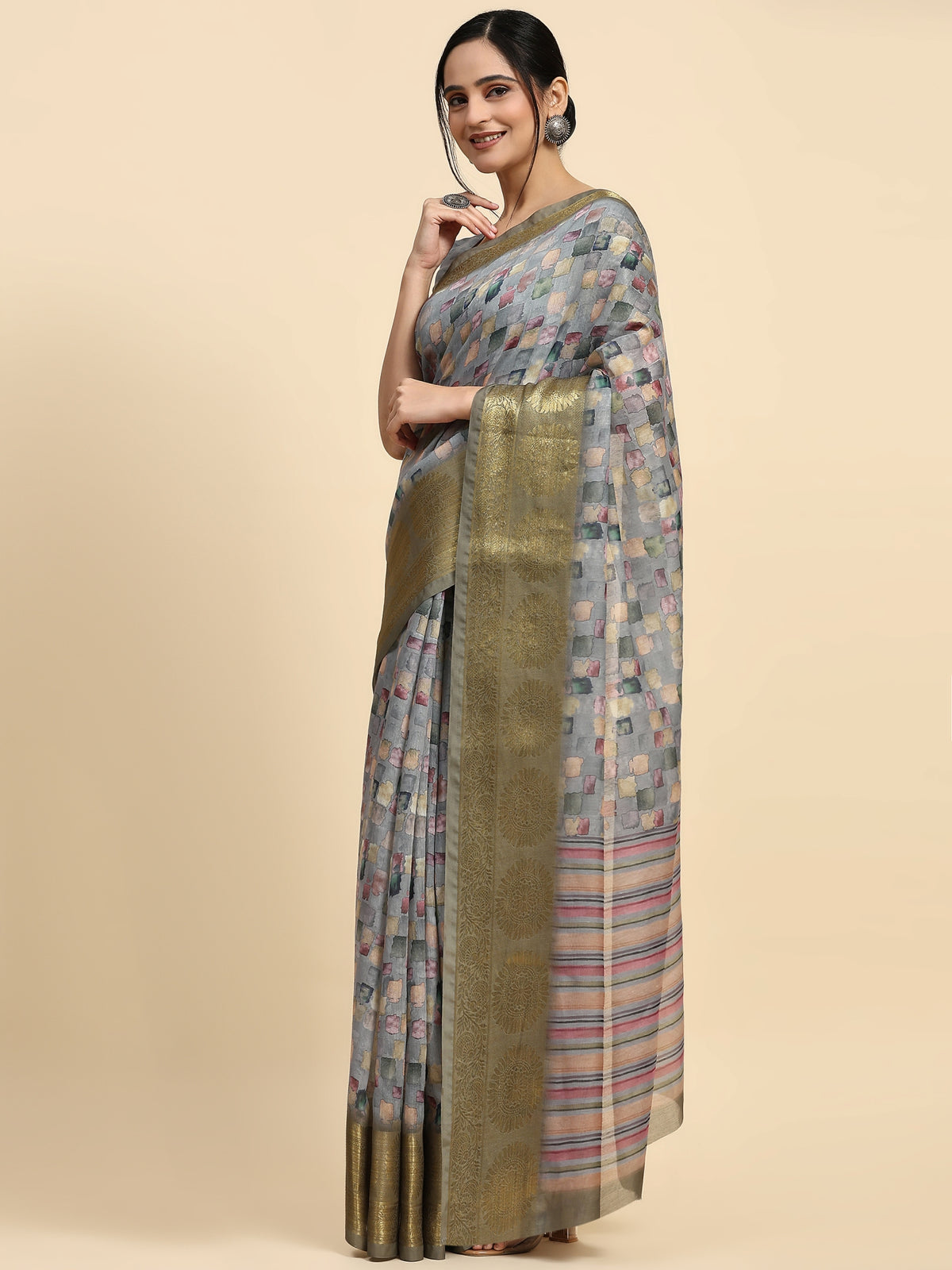 Grey Color Floral Printed Satin Designer Saree