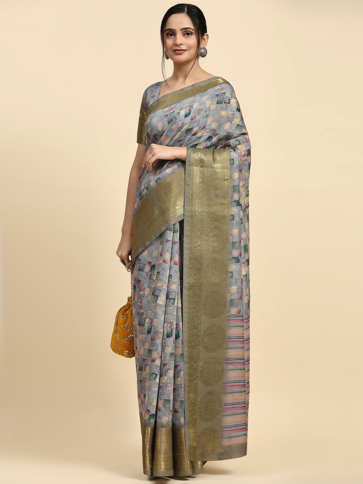 Grey Color Floral Printed Satin Designer Saree