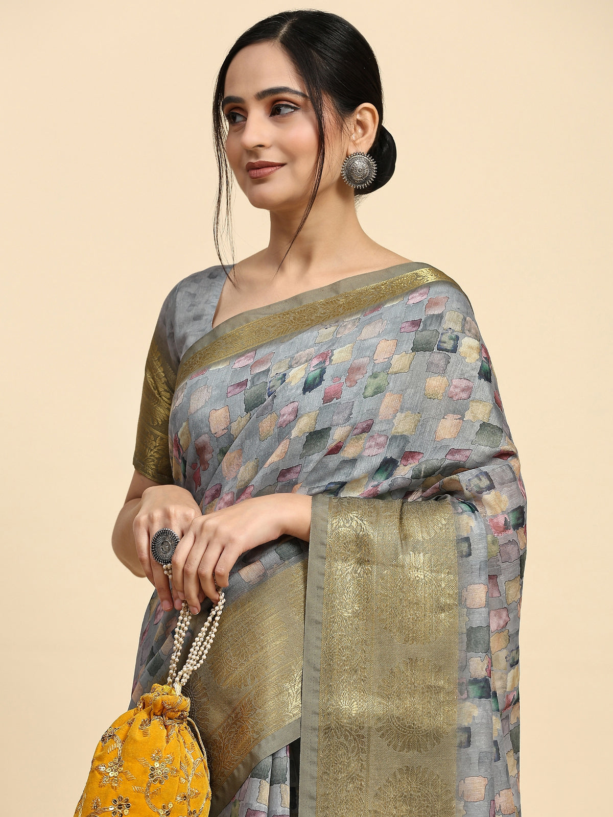 Grey Color Floral Printed Satin Designer Saree