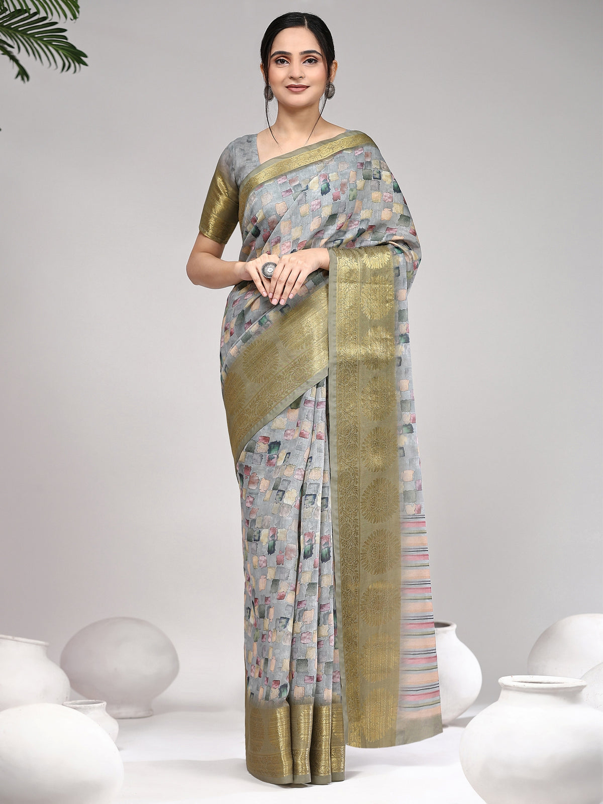 Grey Color Floral Printed Satin Designer Saree