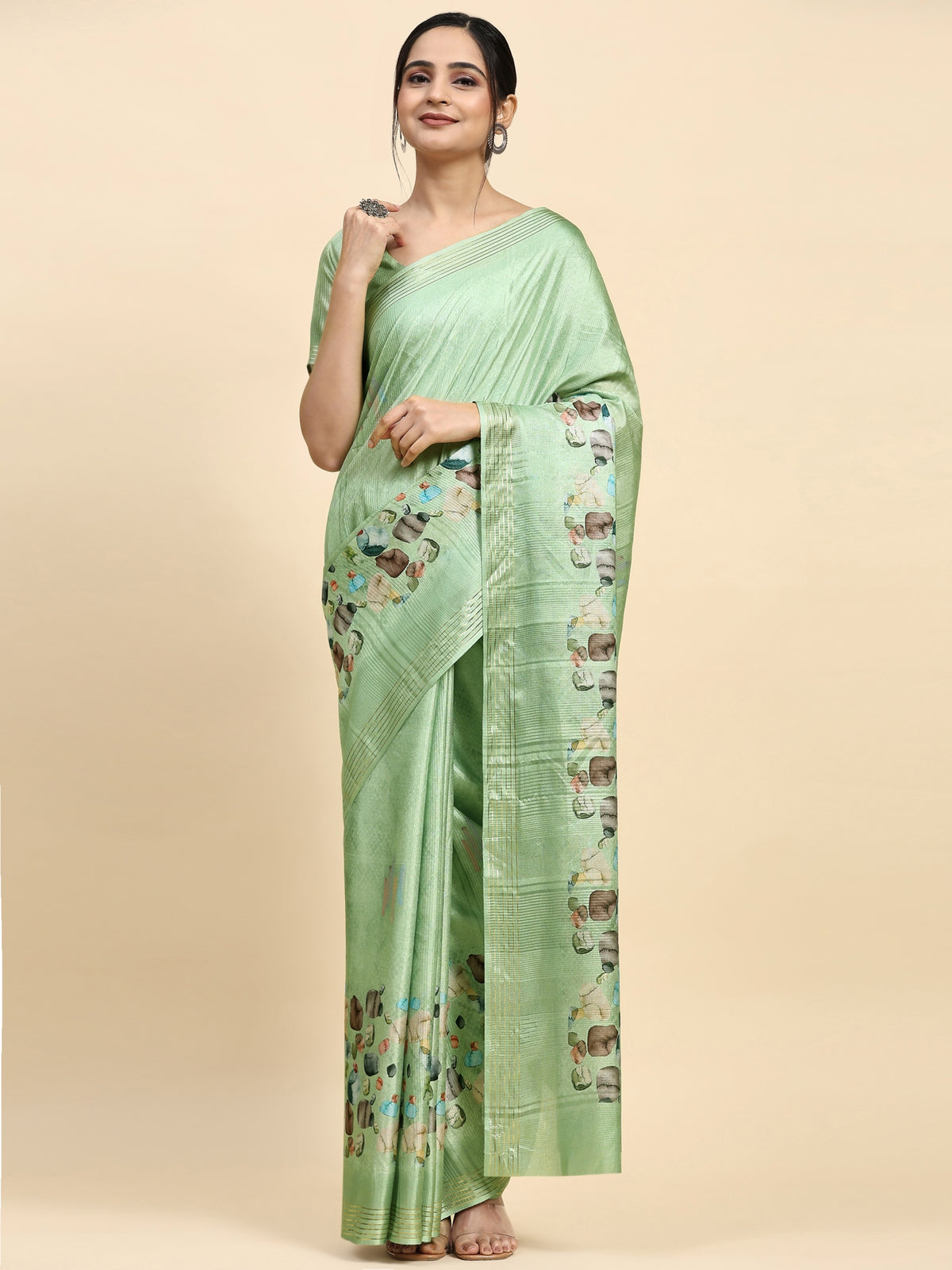 Pista Green Floral Printed Silk Blend Party Wear Saree