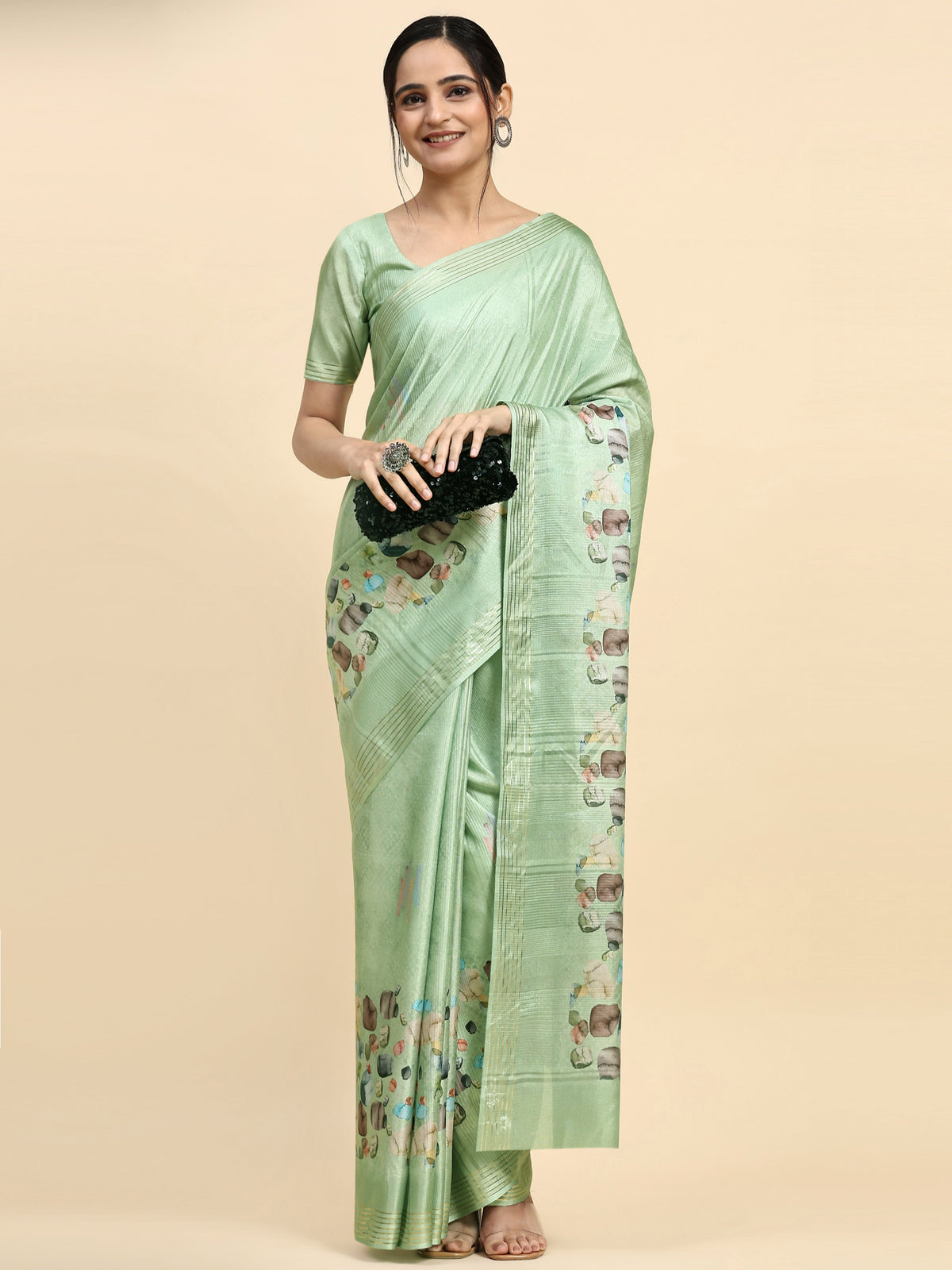 Pista Green Floral Printed Silk Blend Party Wear Saree