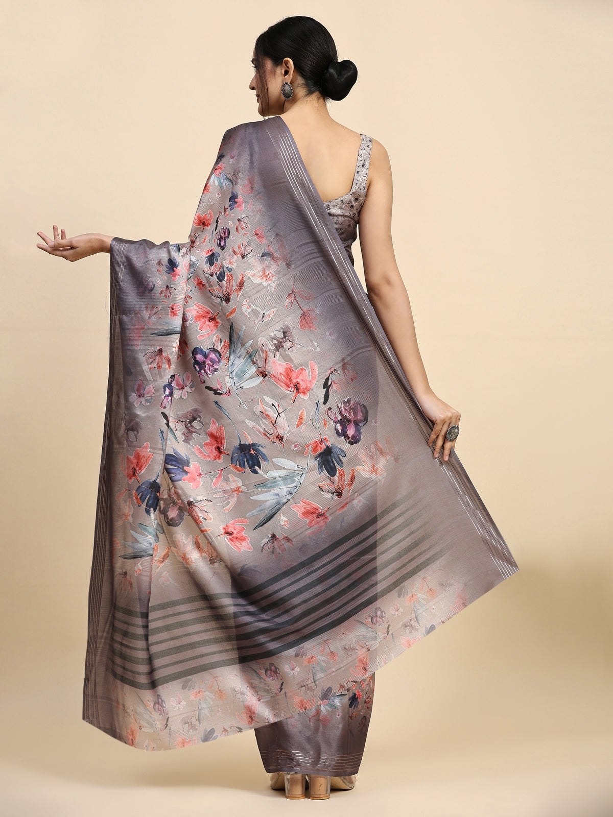 Cream Floral Printed Poly Cotton Designer Saree