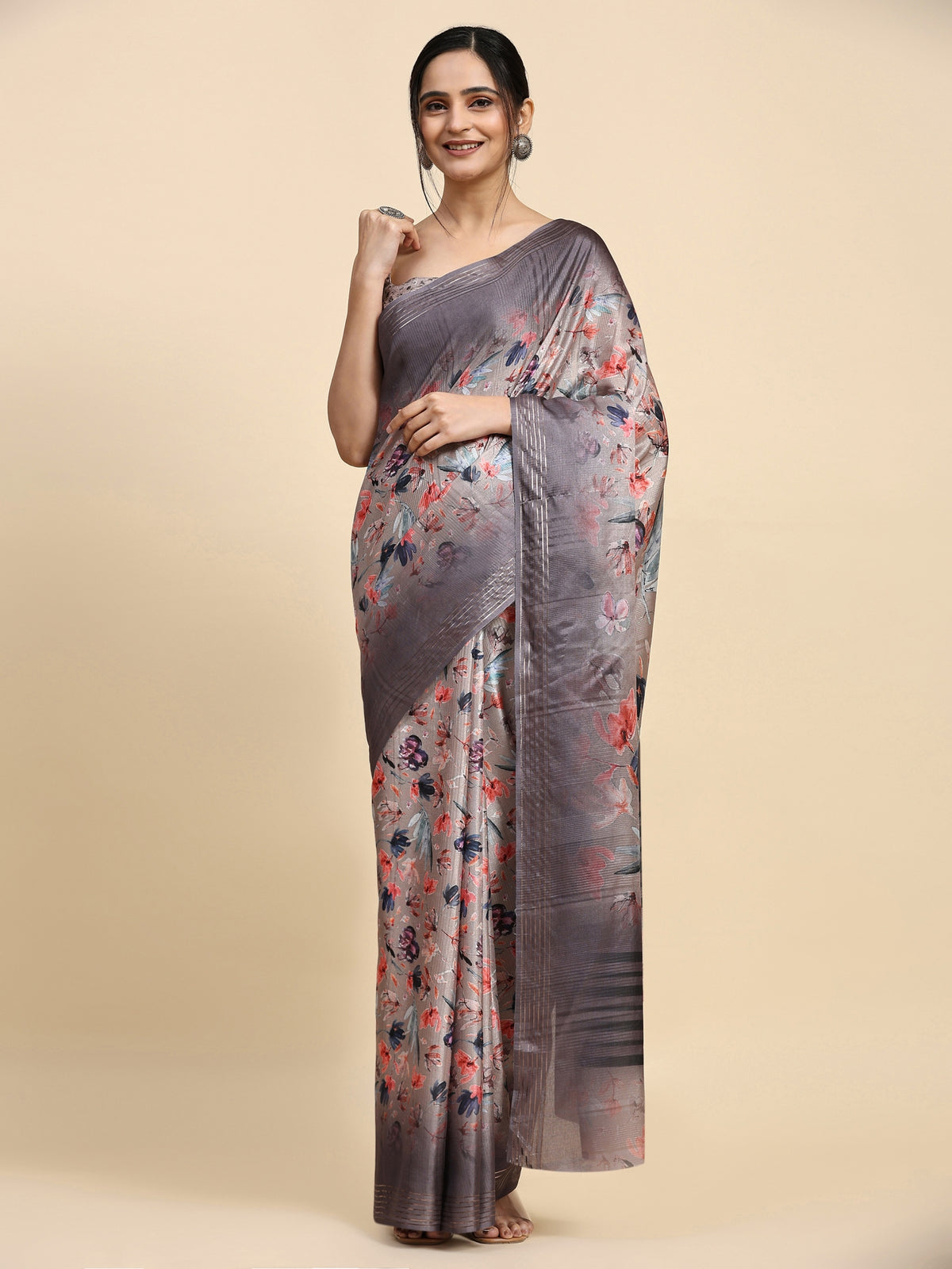 Cream Floral Printed Poly Cotton Designer Saree