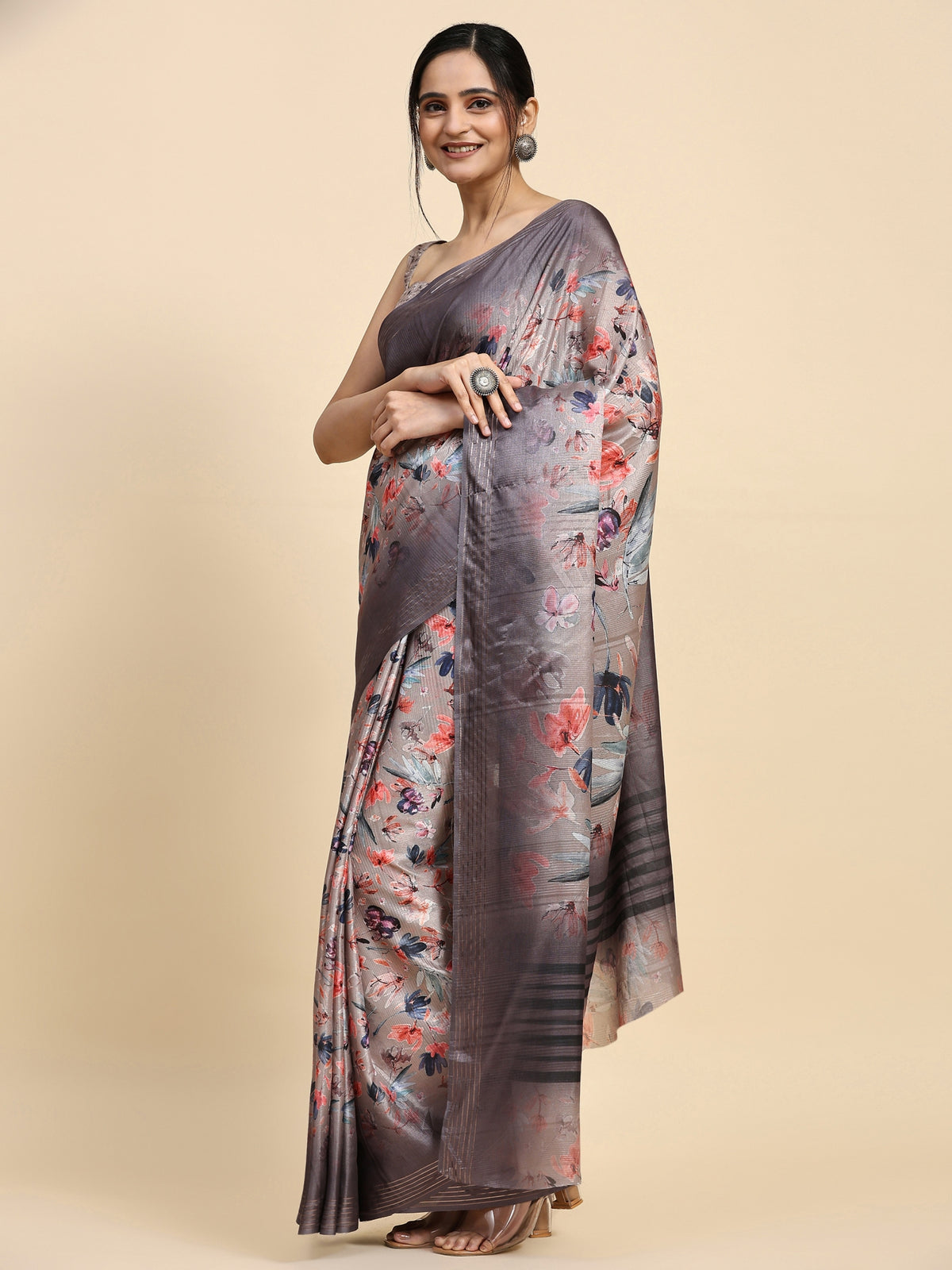 Cream Floral Printed Poly Cotton Designer Saree