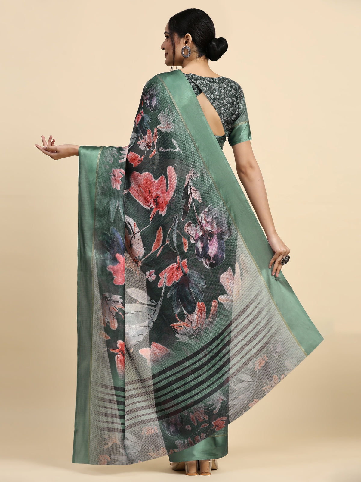 Green Color Floral Printed Silk Blend Designer Saree