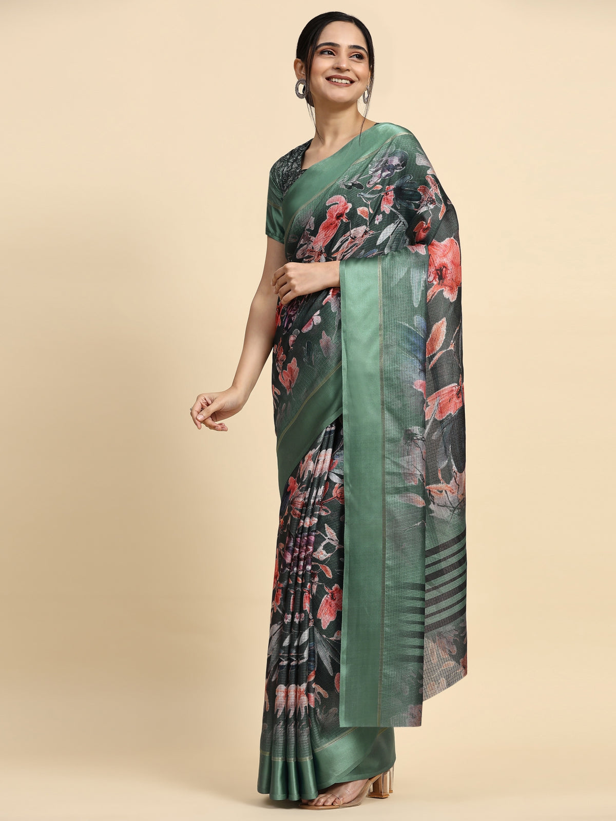 Green Color Floral Printed Silk Blend Designer Saree