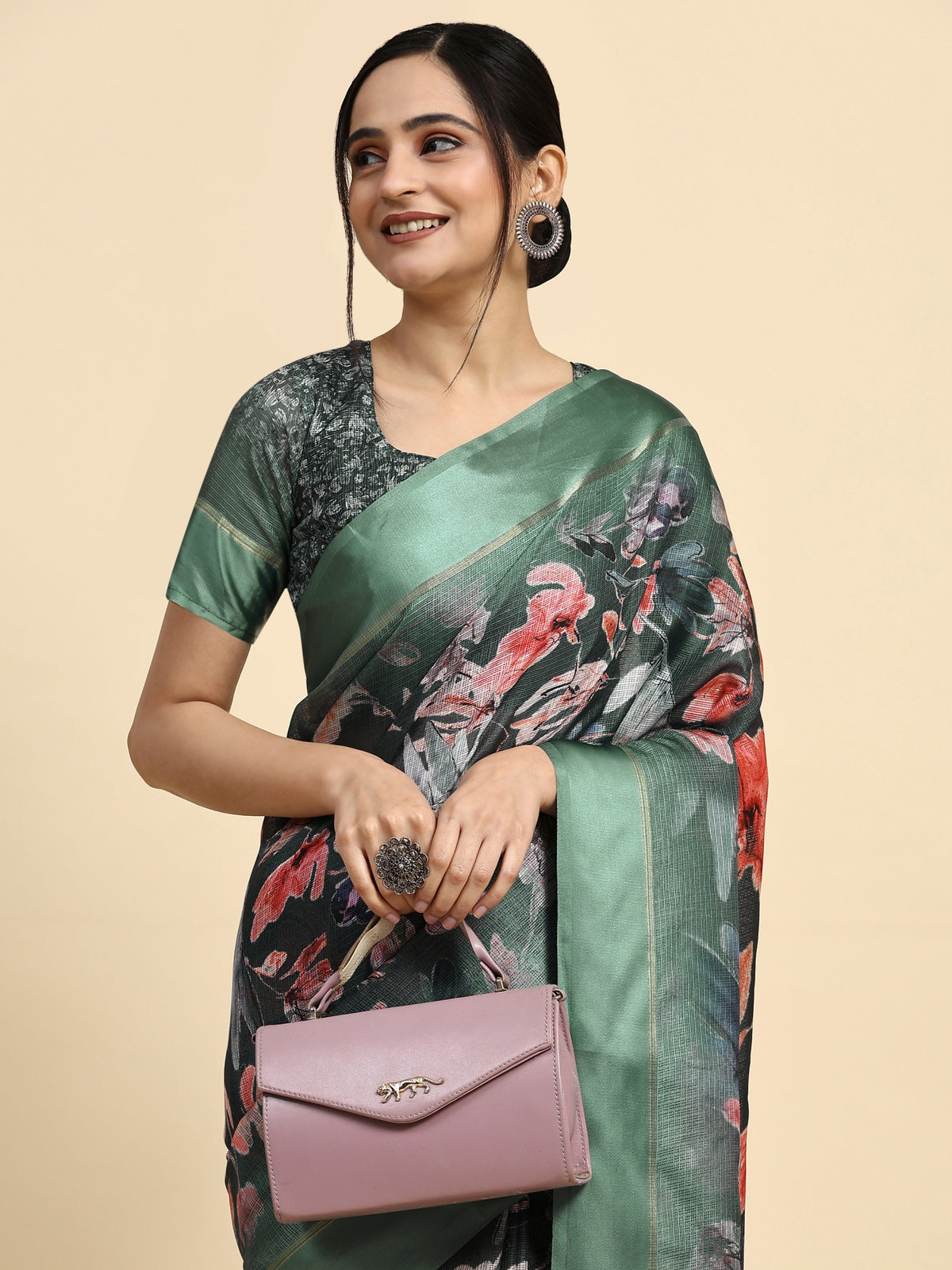 Green Color Floral Printed Silk Blend Designer Saree