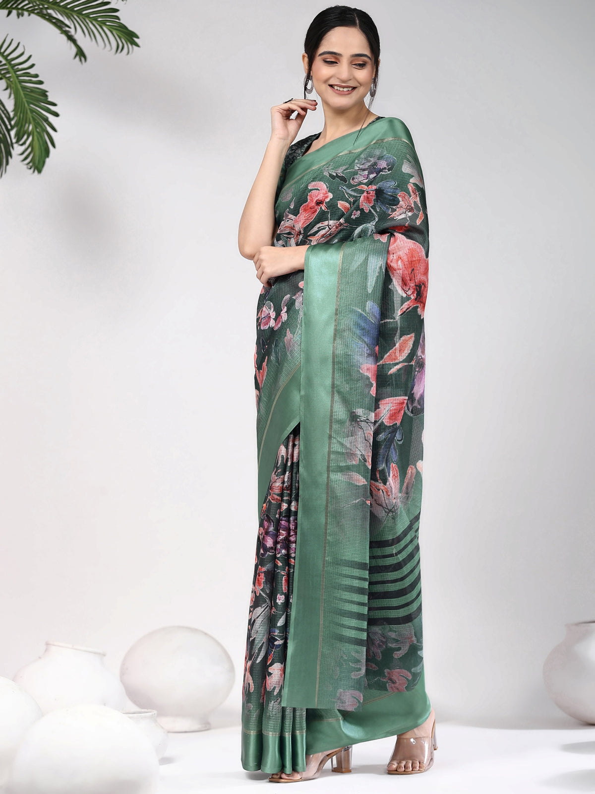 Green Color Floral Printed Silk Blend Designer Saree