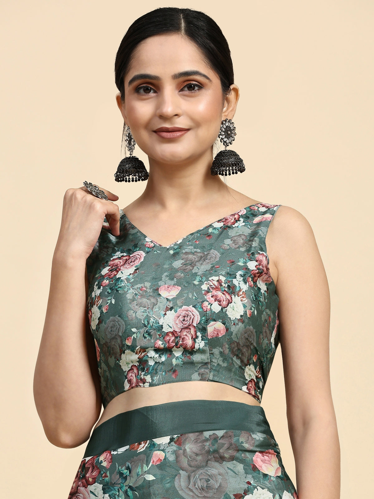 Green Floral Printed Satin Designer Saree