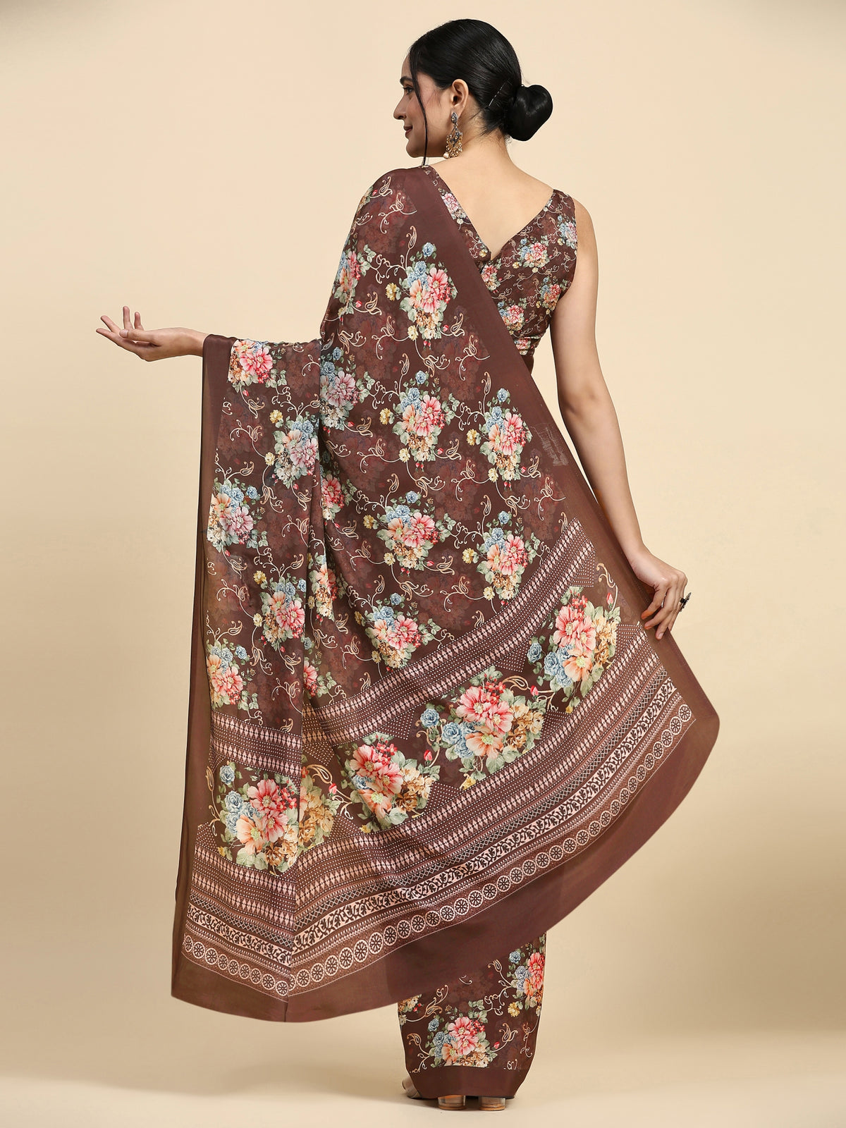 Brown Floral Printed Satin Designer Saree