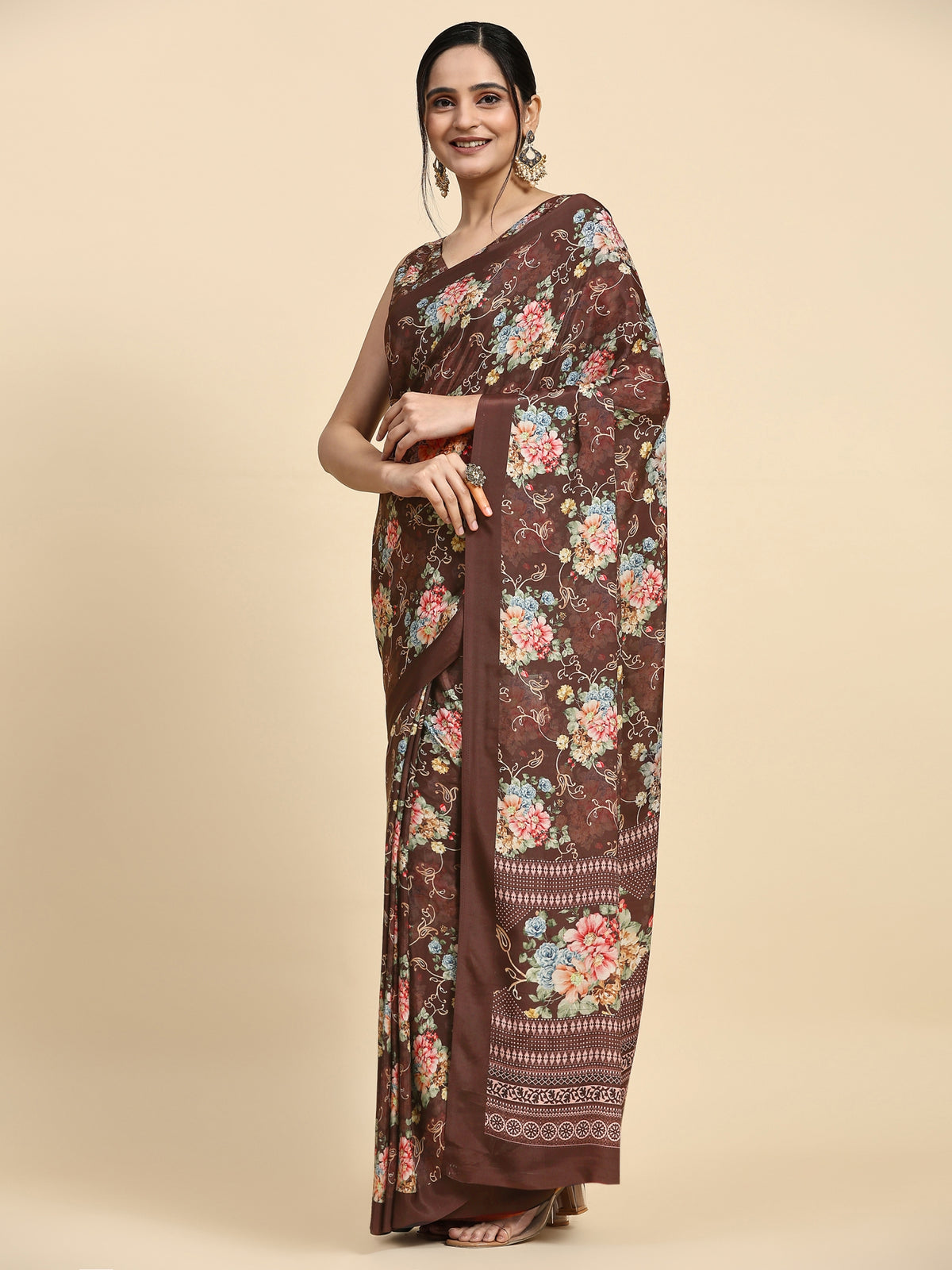 Brown Floral Printed Satin Designer Saree