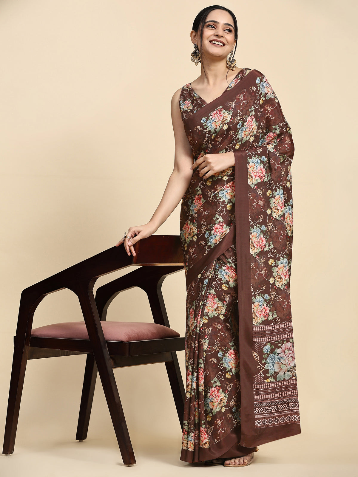 Brown Floral Printed Satin Designer Saree