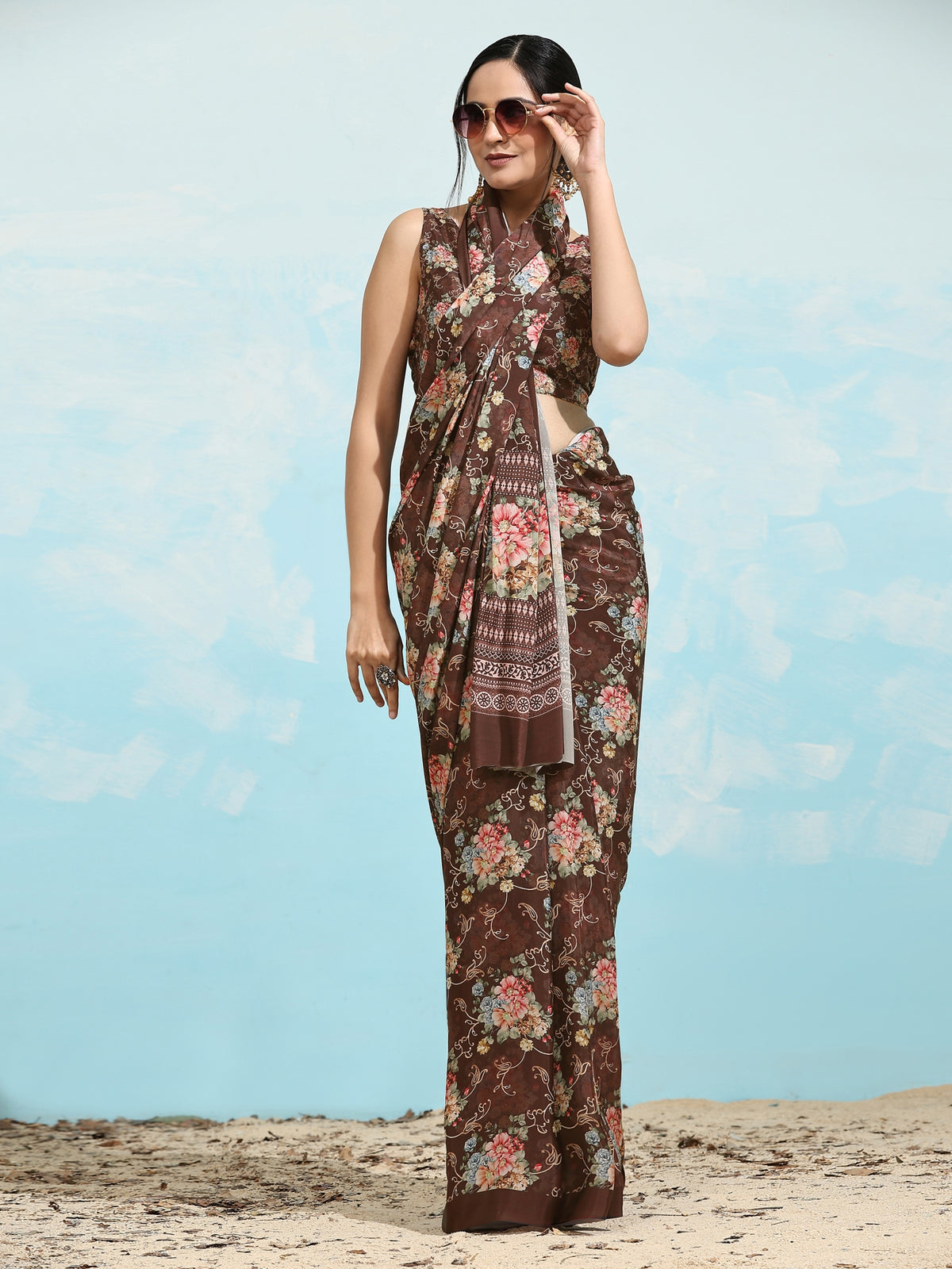 Brown Floral Printed Satin Designer Saree