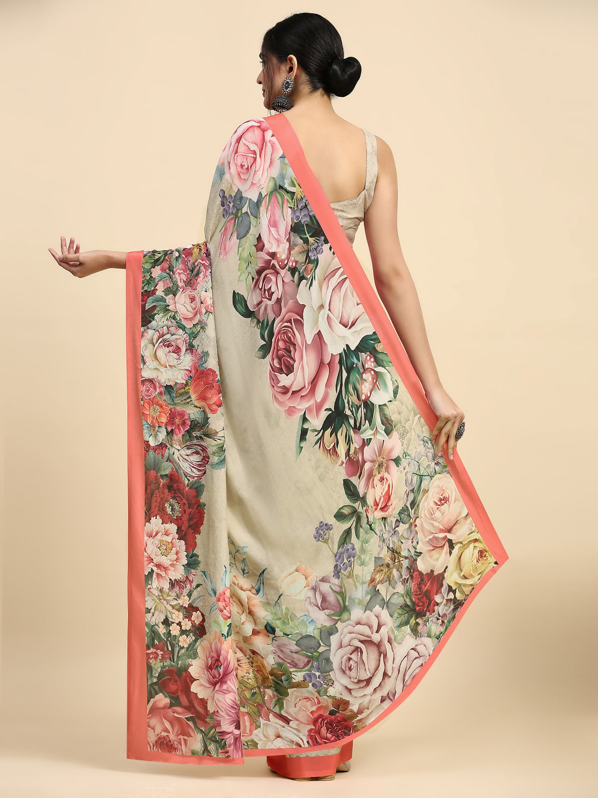 Olive Floral Printed Satin Designer Saree