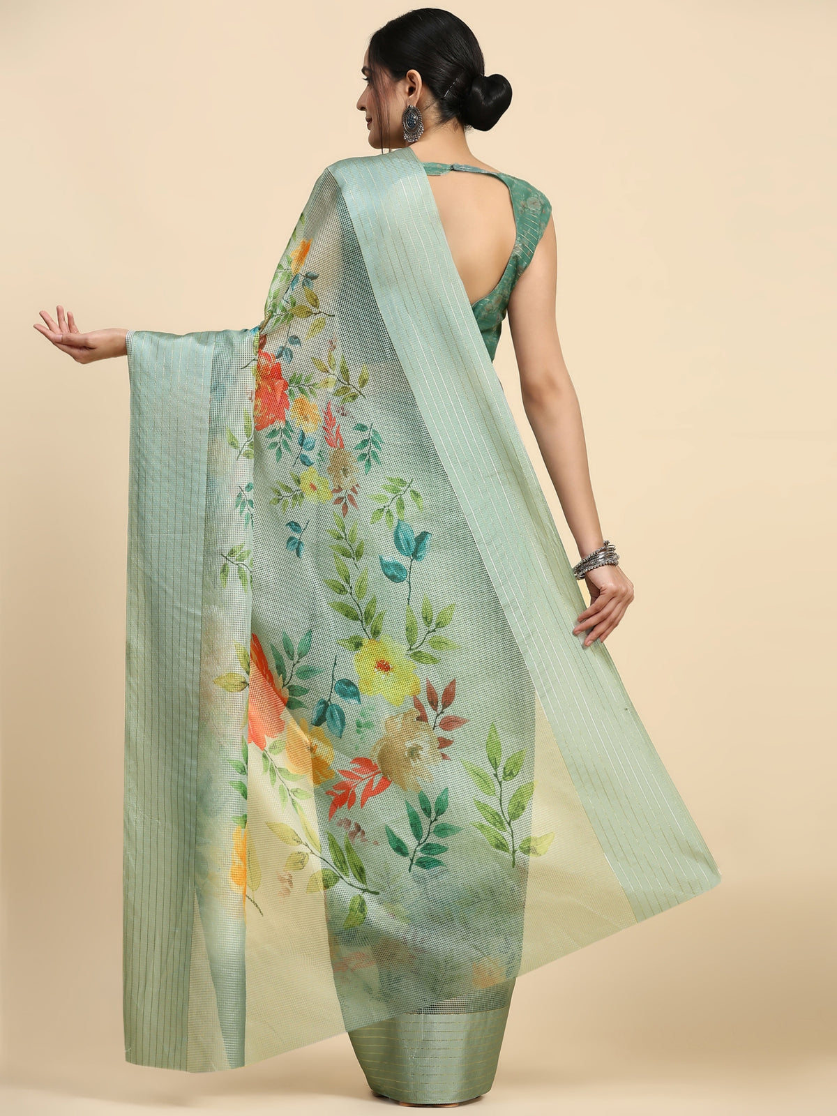 Green Color Printed Satin Designer Saree