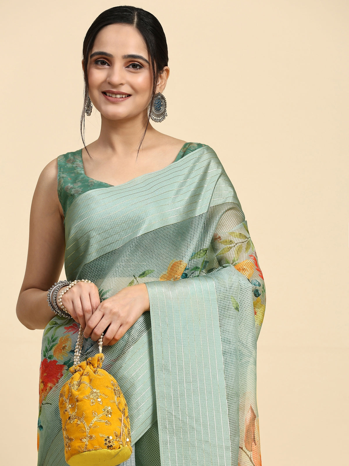 Grey Floral Printed Polycotton Party Wear Saree
