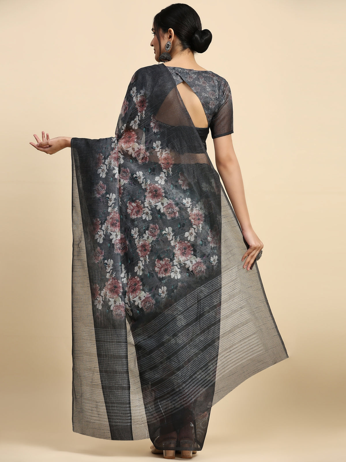 Grey & Brown Floral Printed Poly Chiffon Party Wear Saree
