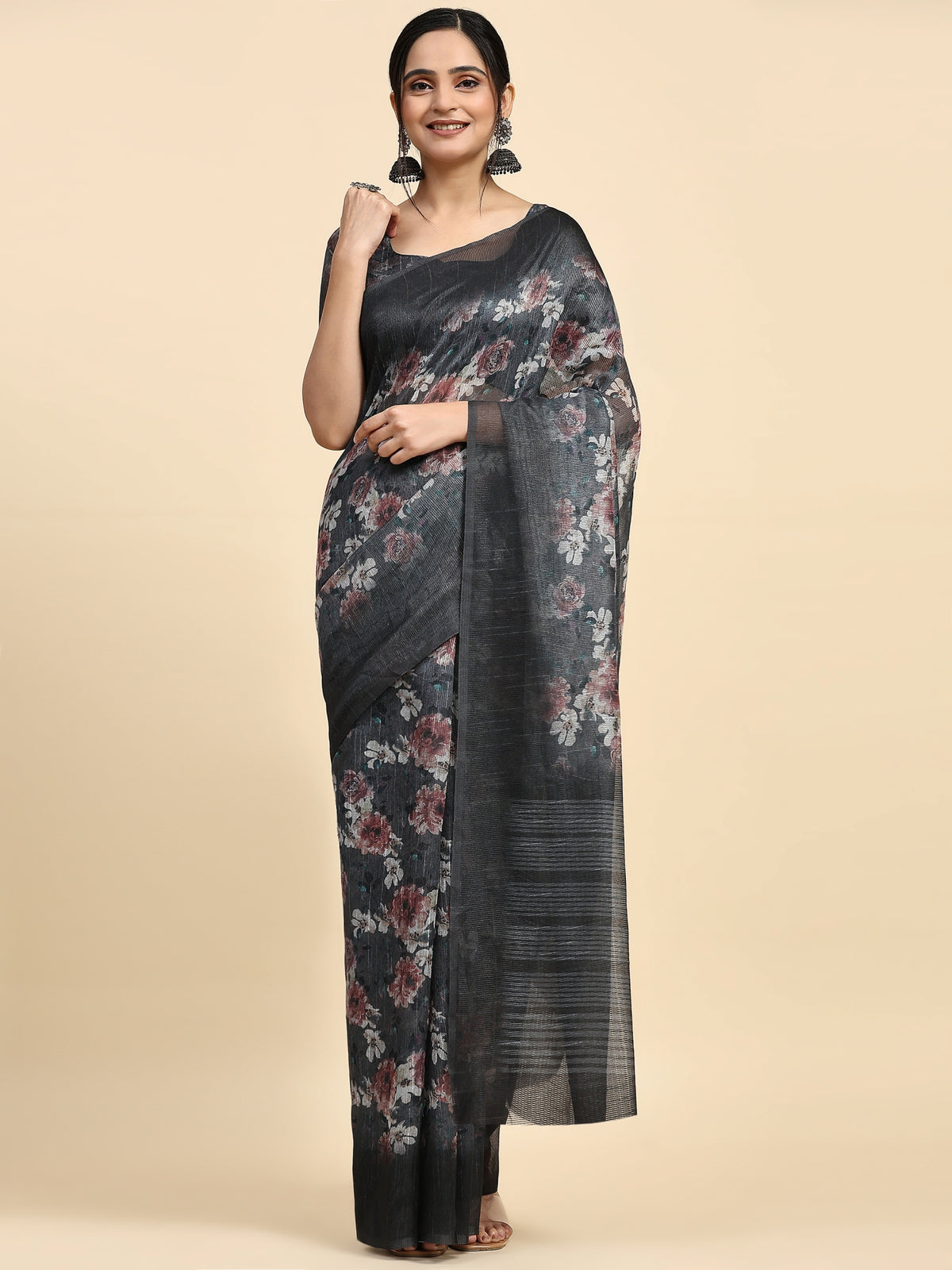 Grey & Brown Floral Printed Poly Chiffon Party Wear Saree