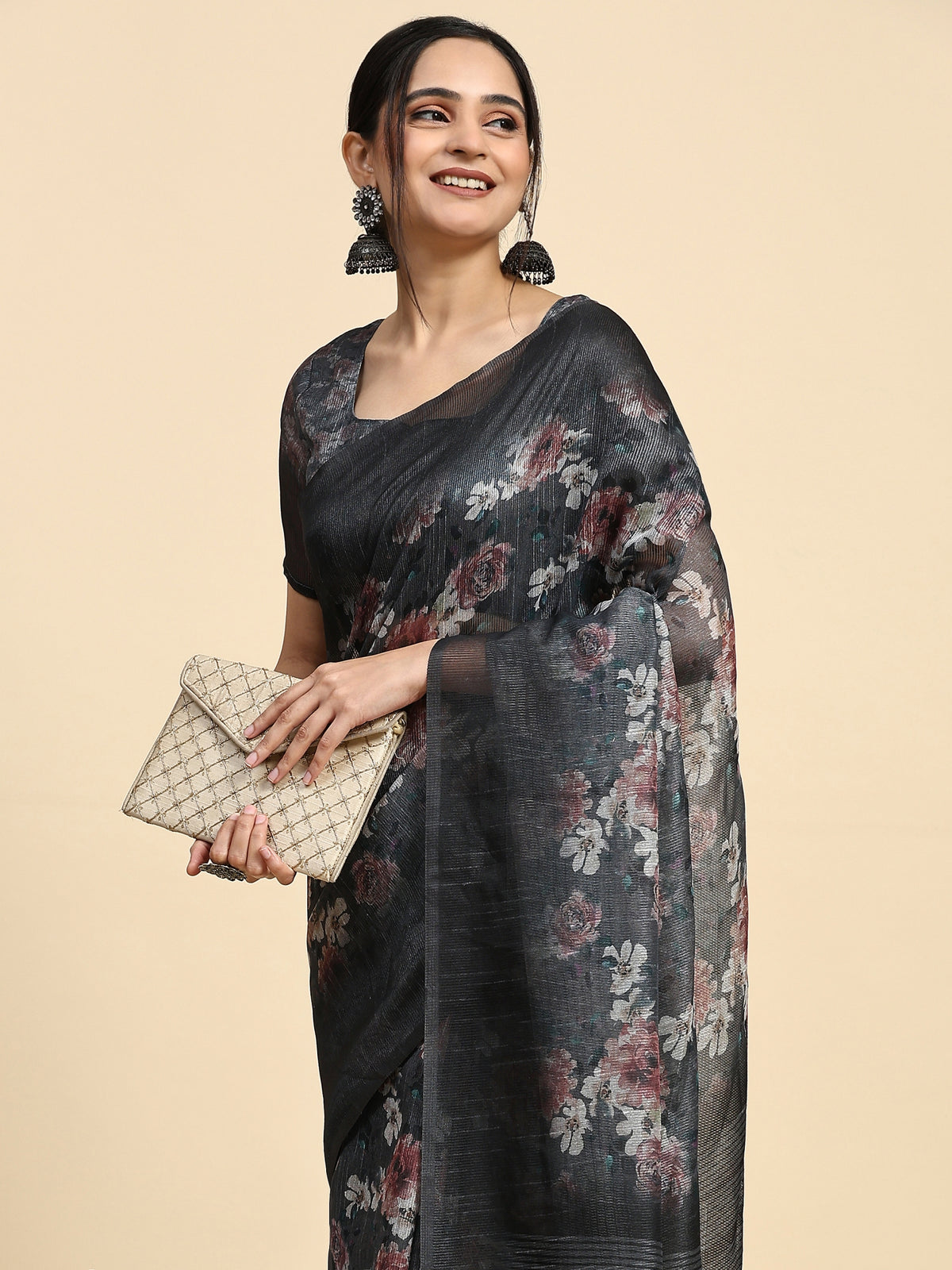 Grey & Brown Floral Printed Poly Chiffon Party Wear Saree