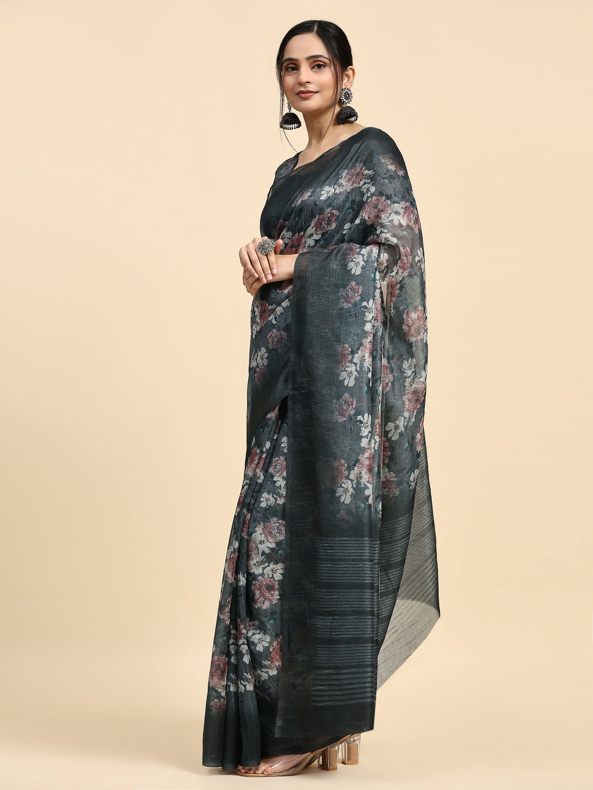 Grey & Brown Floral Printed Poly Chiffon Party Wear Saree