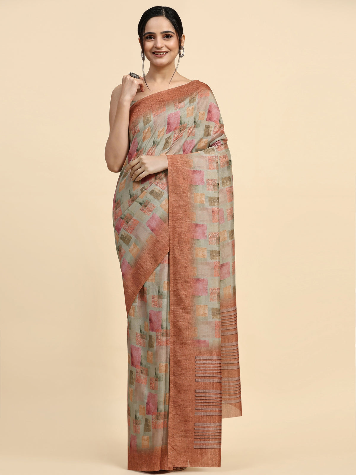 Beige Color Geometric Printed Satin Designer Saree