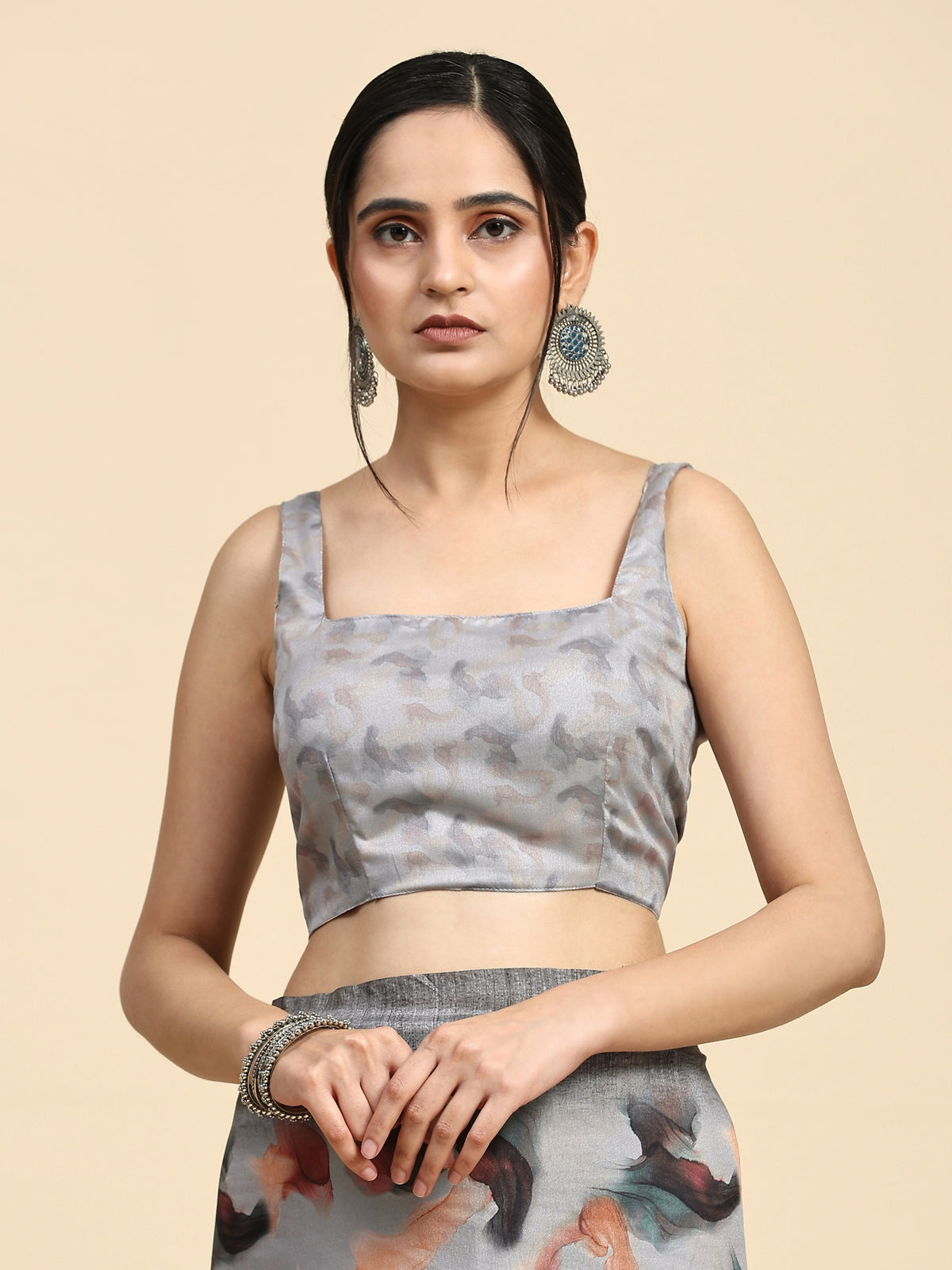 Grey Abstract Printed Polycotton Designer Saree