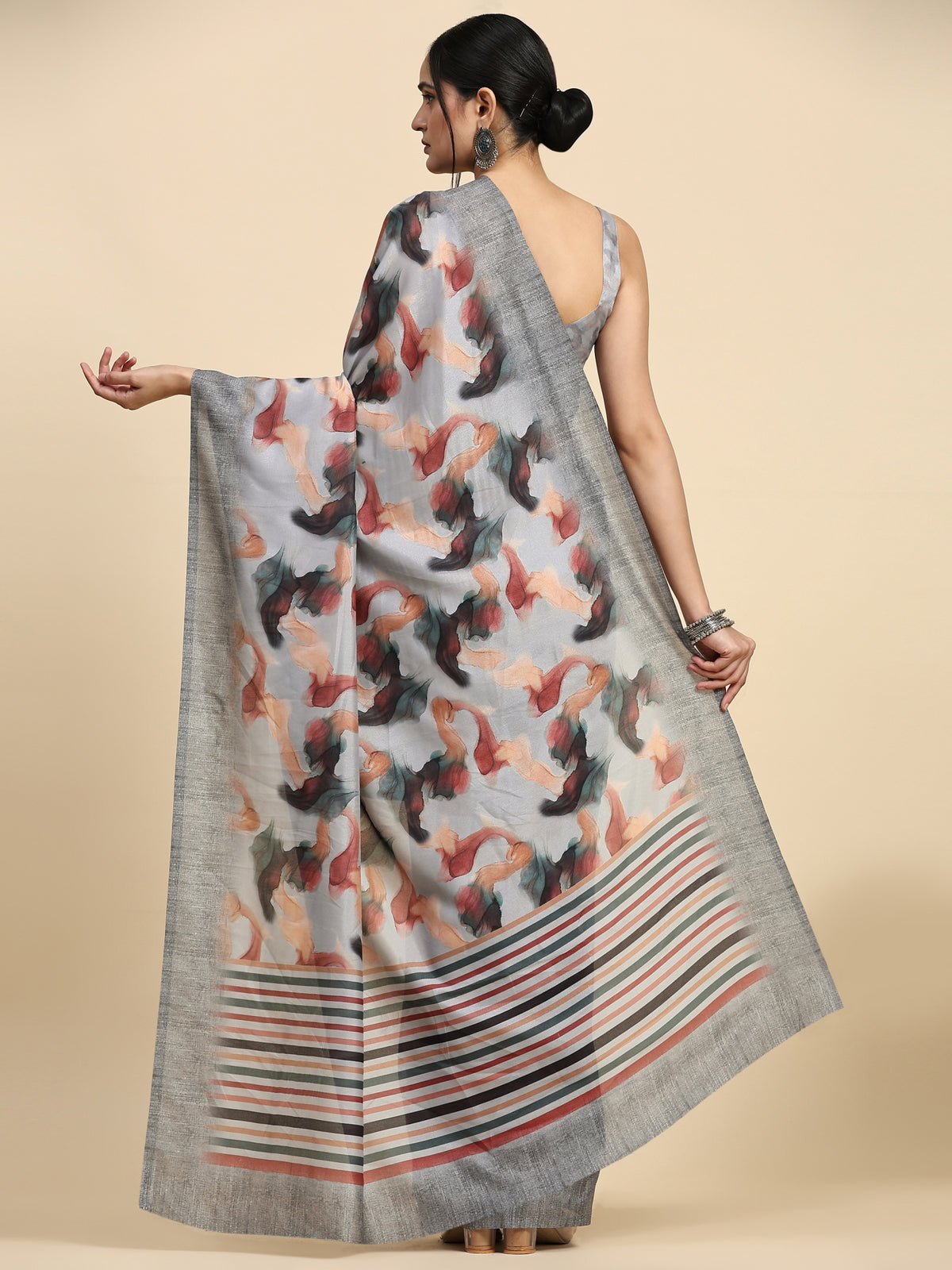 Grey Abstract Printed Polycotton Designer Saree