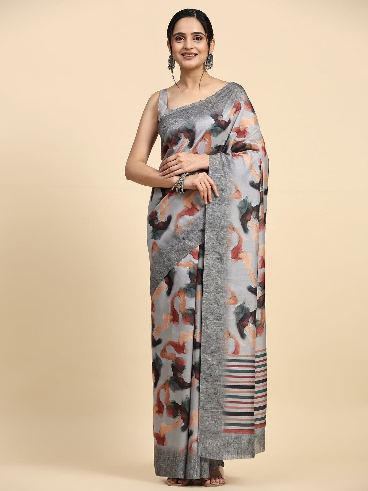 Grey Abstract Printed Polycotton Designer Saree