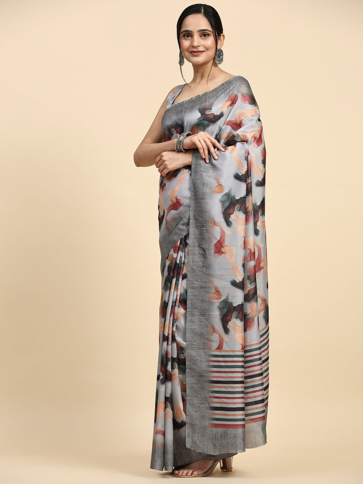Grey Abstract Printed Polycotton Designer Saree