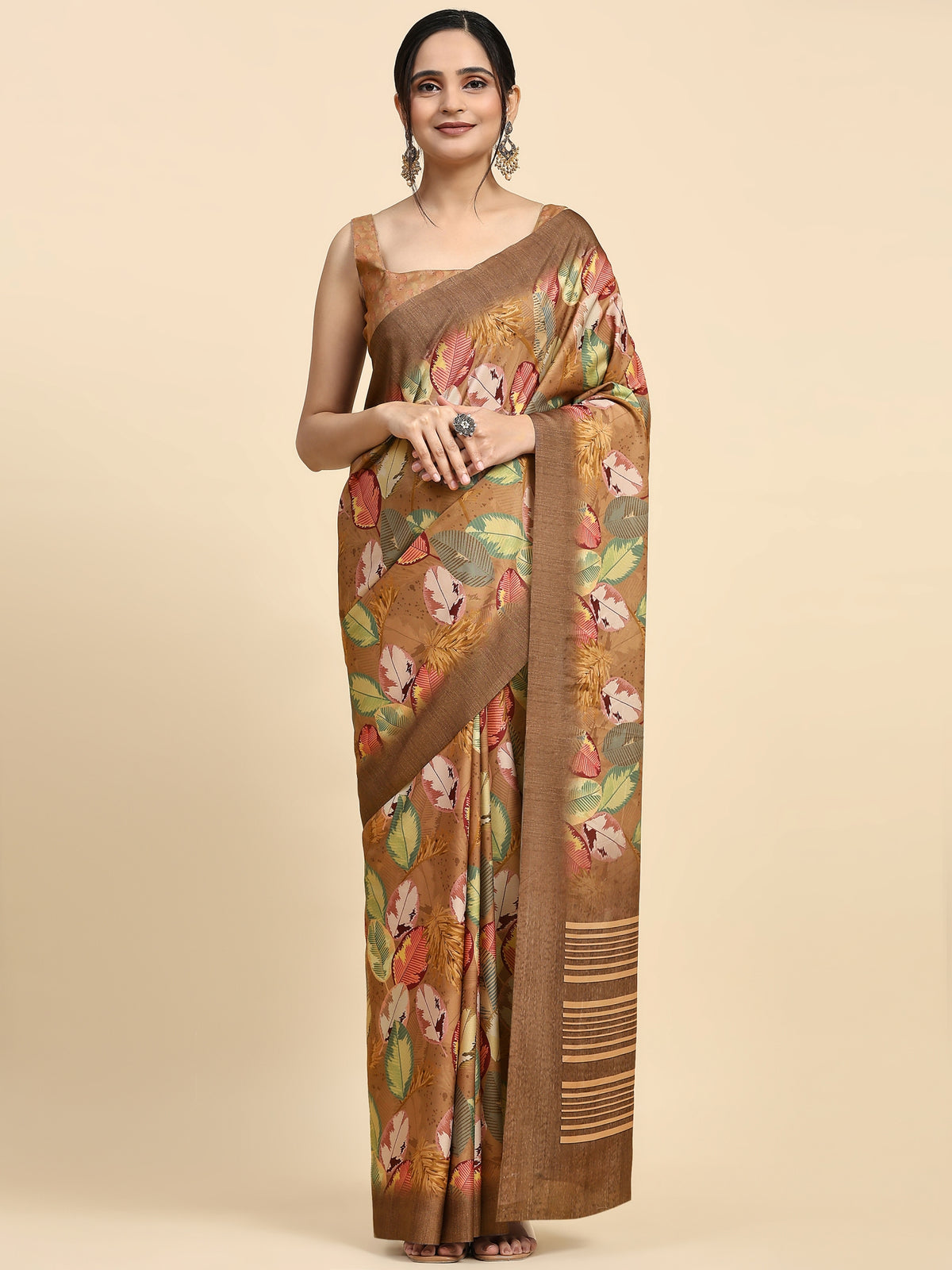 Brown Batik Printed Satin Designer Saree