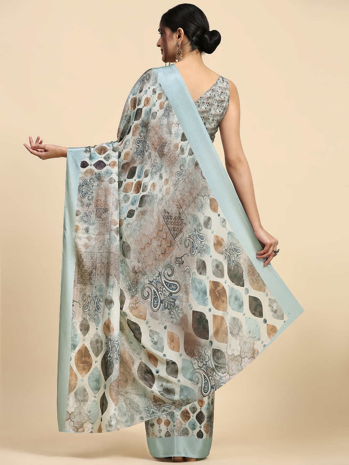 Grey Color Batik Printed Jute Silk Designer Saree