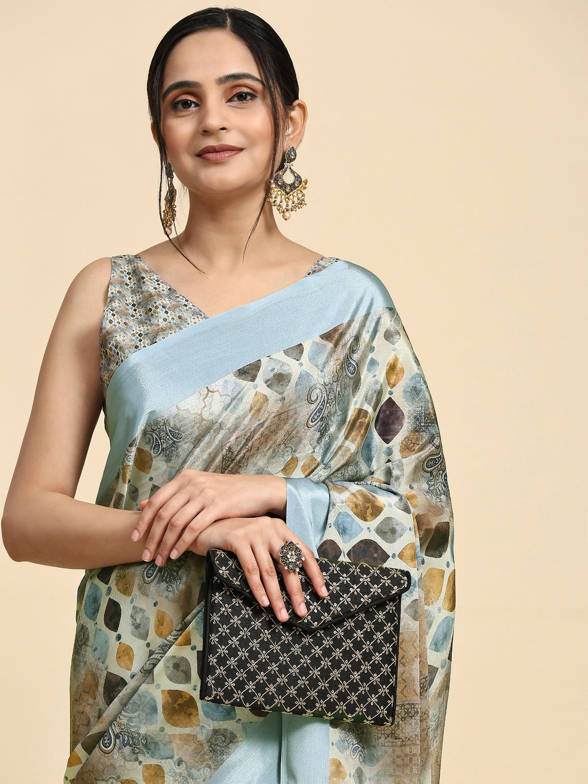 Grey Color Batik Printed Jute Silk Designer Saree