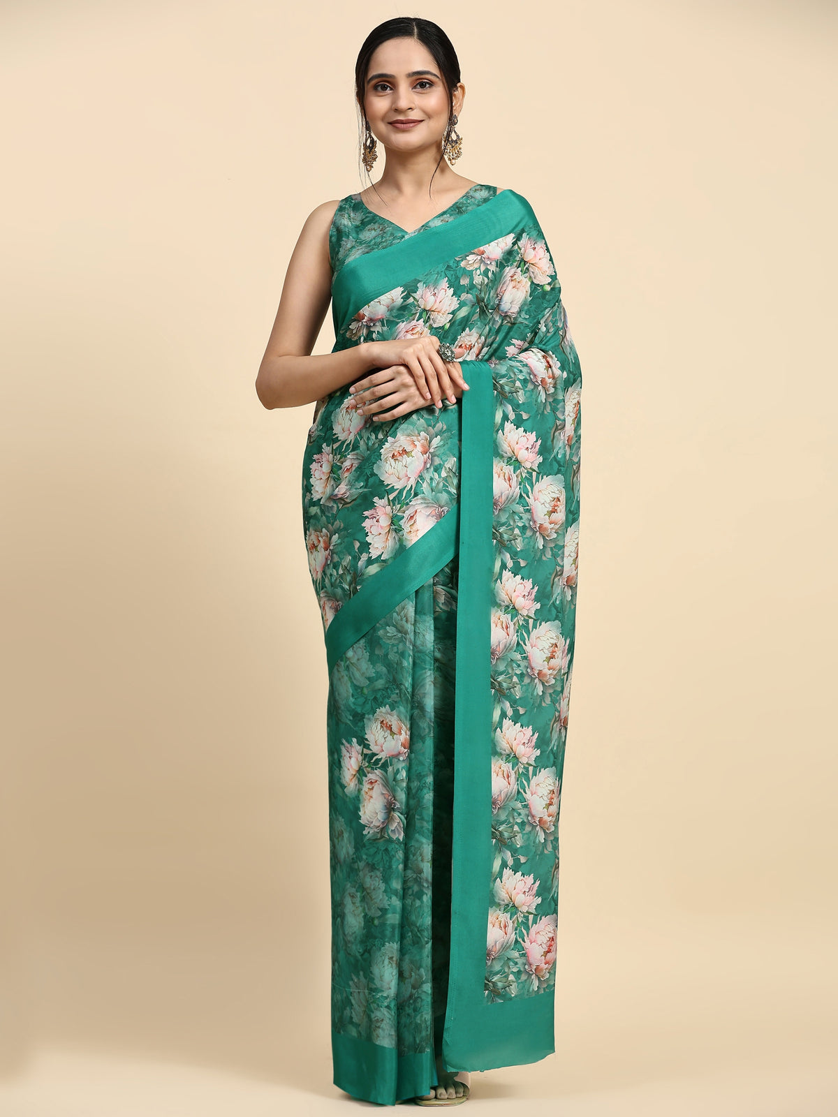 Green Color Floral Printed Satin Party Wear Saree