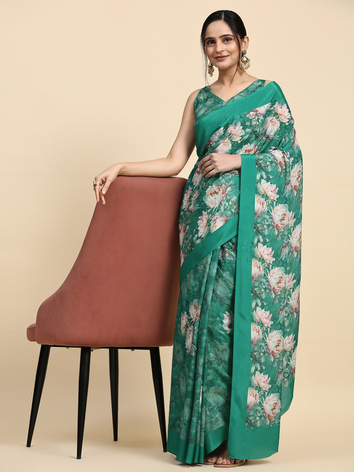 Green Color Floral Printed Satin Party Wear Saree