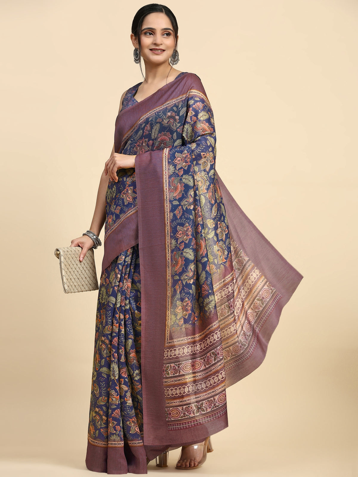 Blue Floral Block Printed Satin Designer Saree