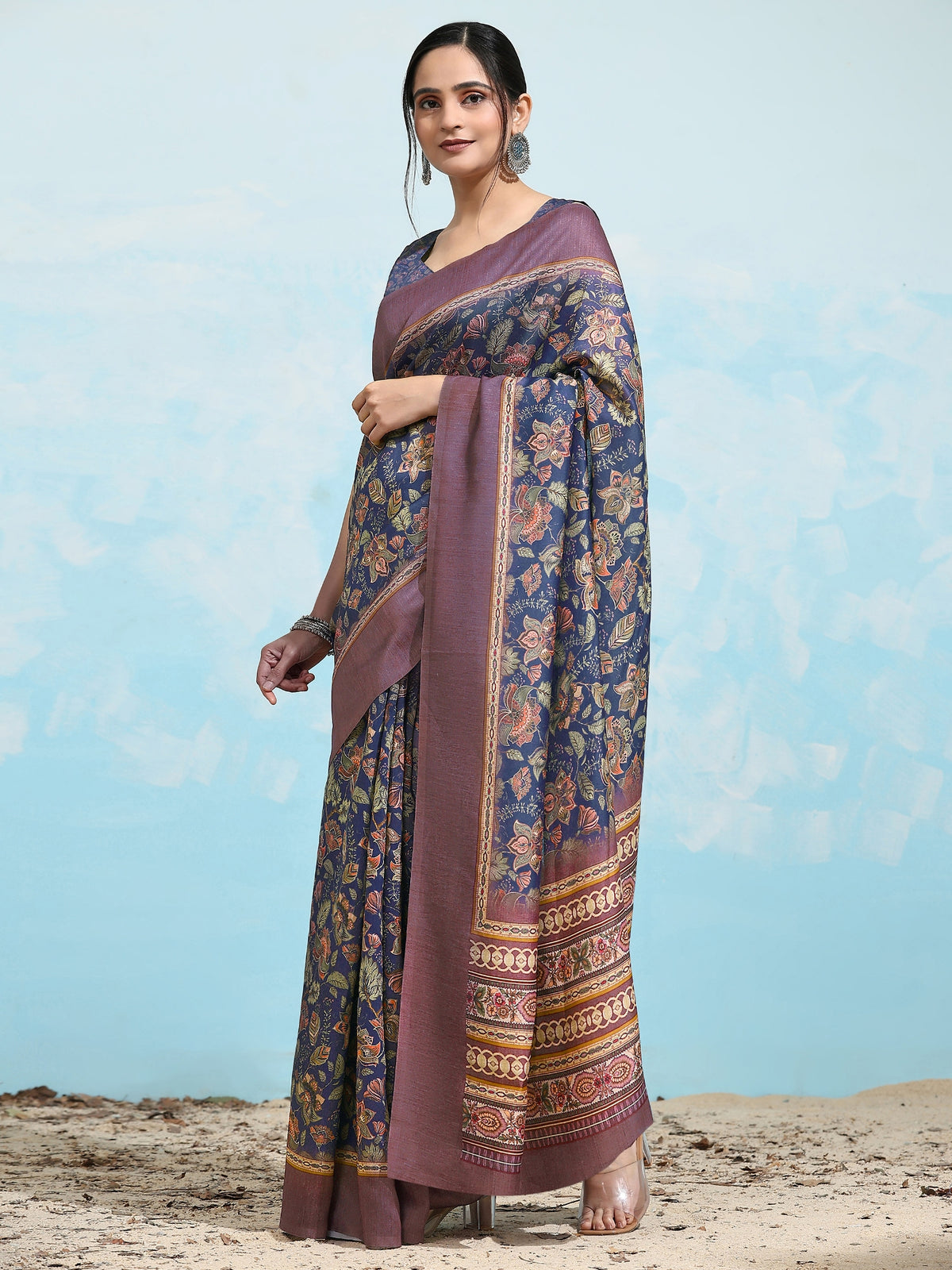 Blue Floral Block Printed Satin Designer Saree