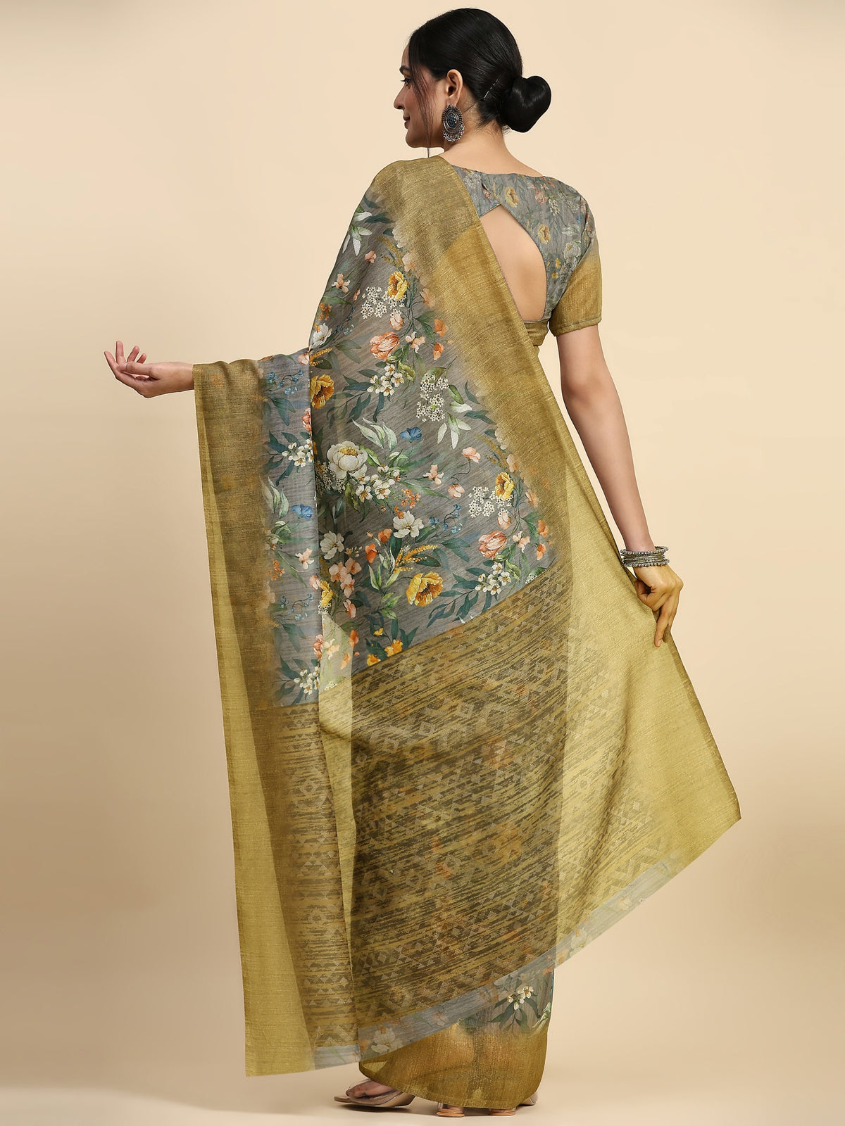 Grey Batik Printed Jute Silk Designer Saree