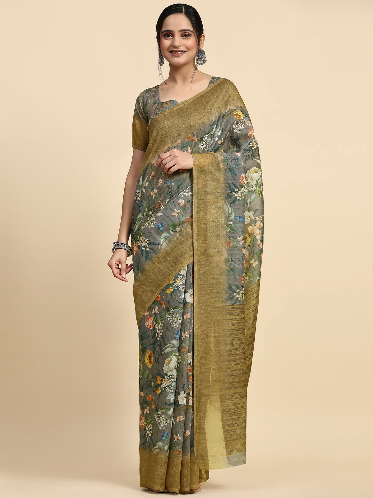 Grey Batik Printed Jute Silk Designer Saree