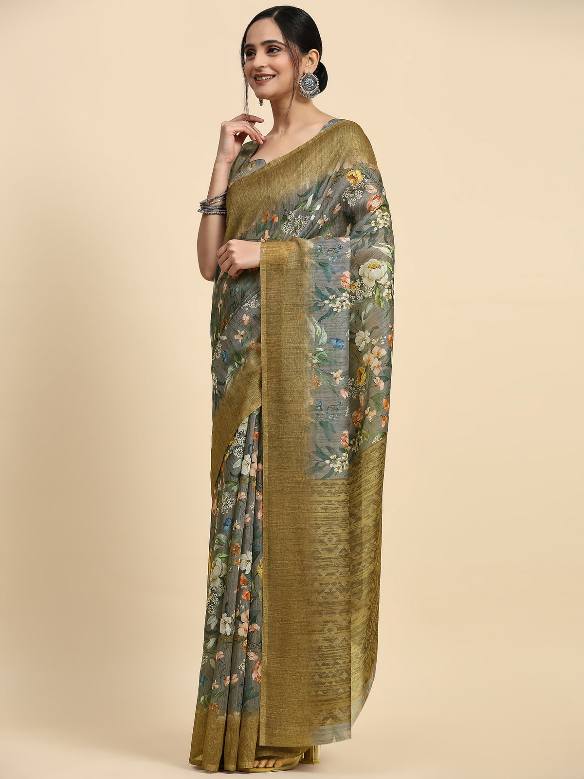 Grey Batik Printed Jute Silk Designer Saree