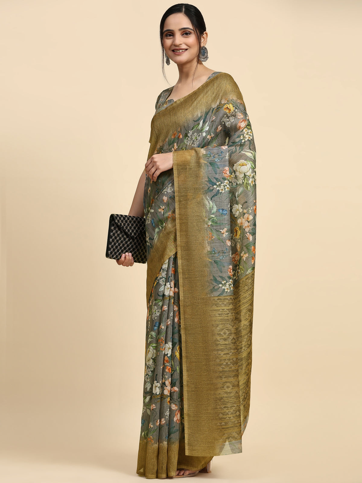 Grey Batik Printed Jute Silk Designer Saree