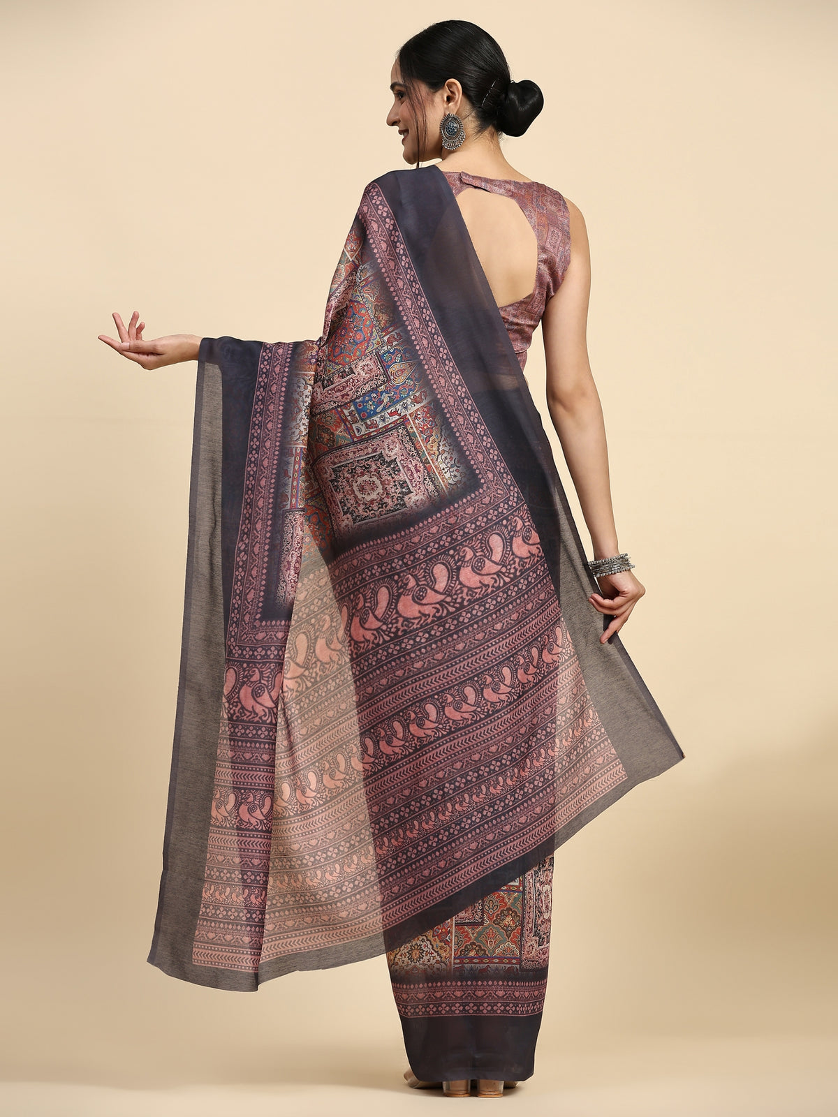 Brown Kalamkari Ethnic Motifs Jute Cotton Designer Saree