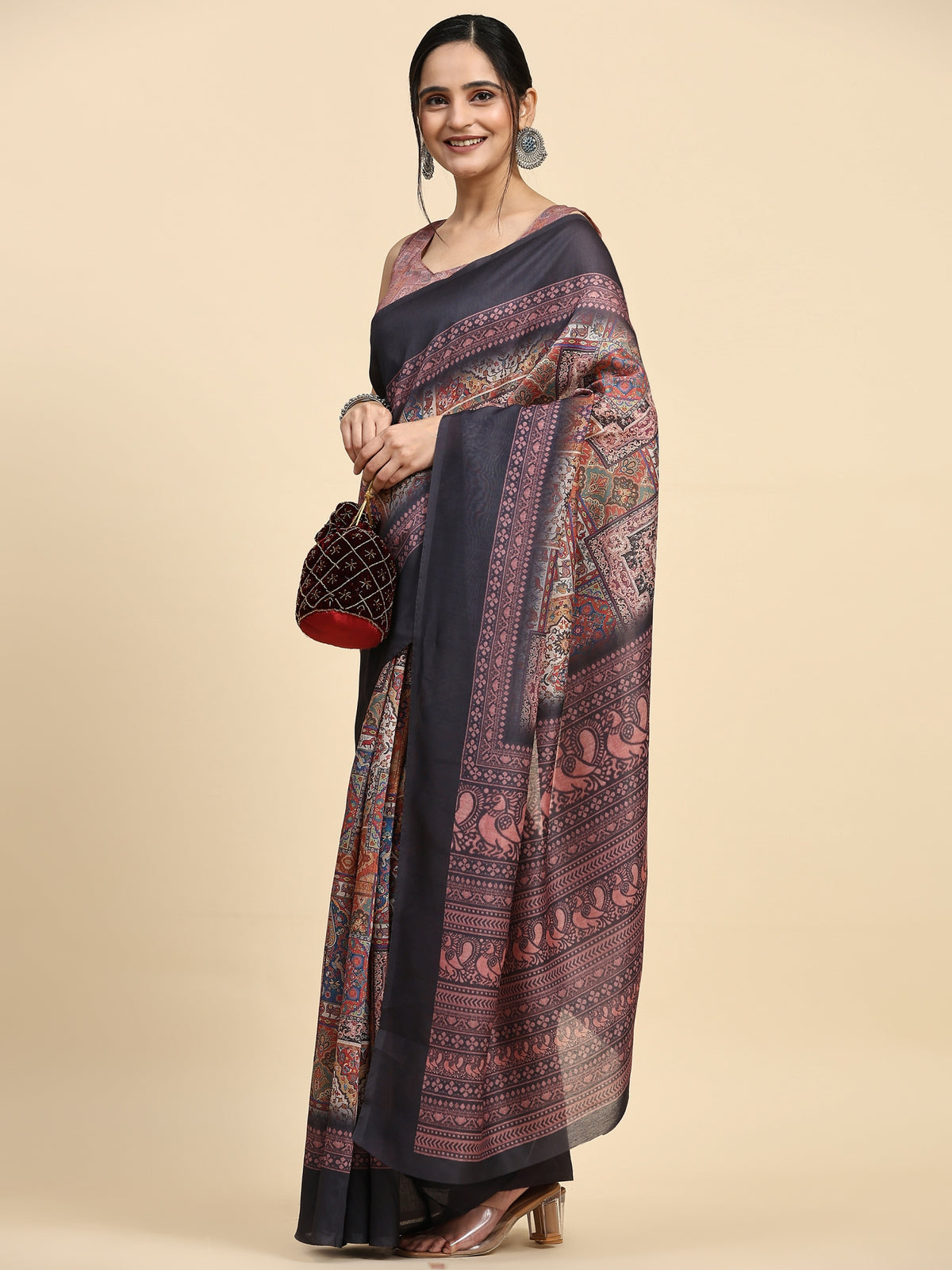 Brown Kalamkari Ethnic Motifs Jute Cotton Designer Saree