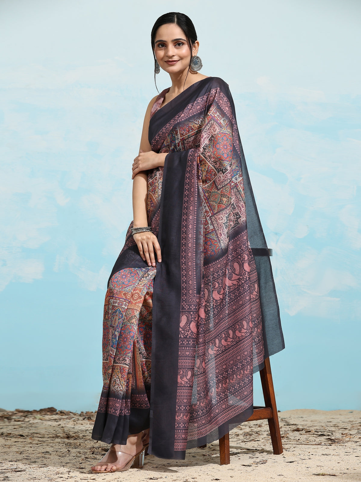 Brown Kalamkari Ethnic Motifs Jute Cotton Designer Saree