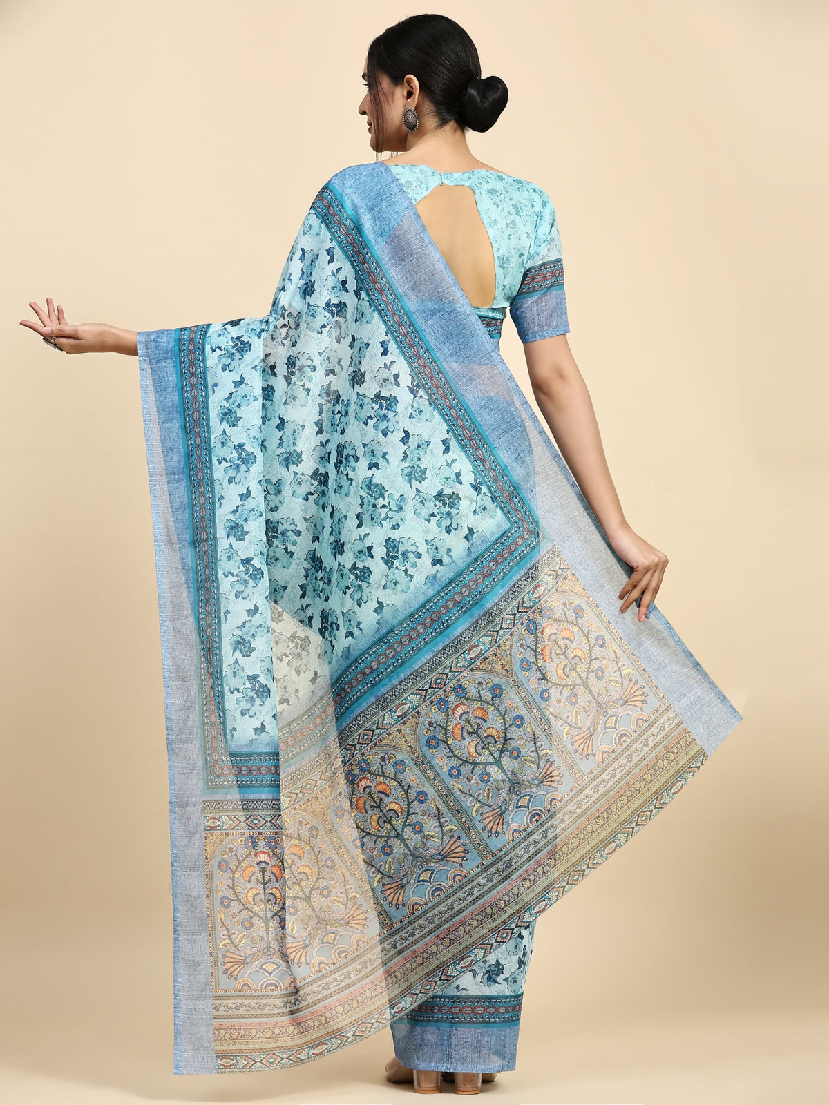 Blue Floral Printed Satin Designer Saree