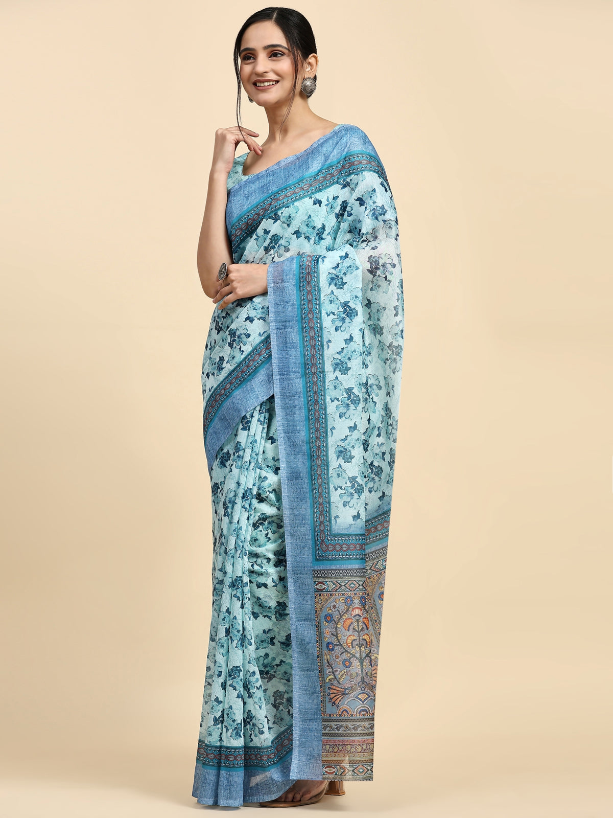 Blue Floral Printed Satin Designer Saree