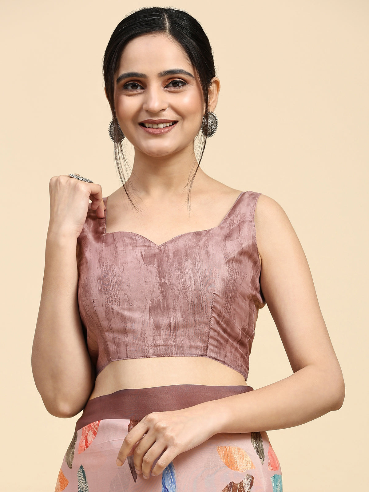 Peach Color Abstract Printed Satin Designer Saree