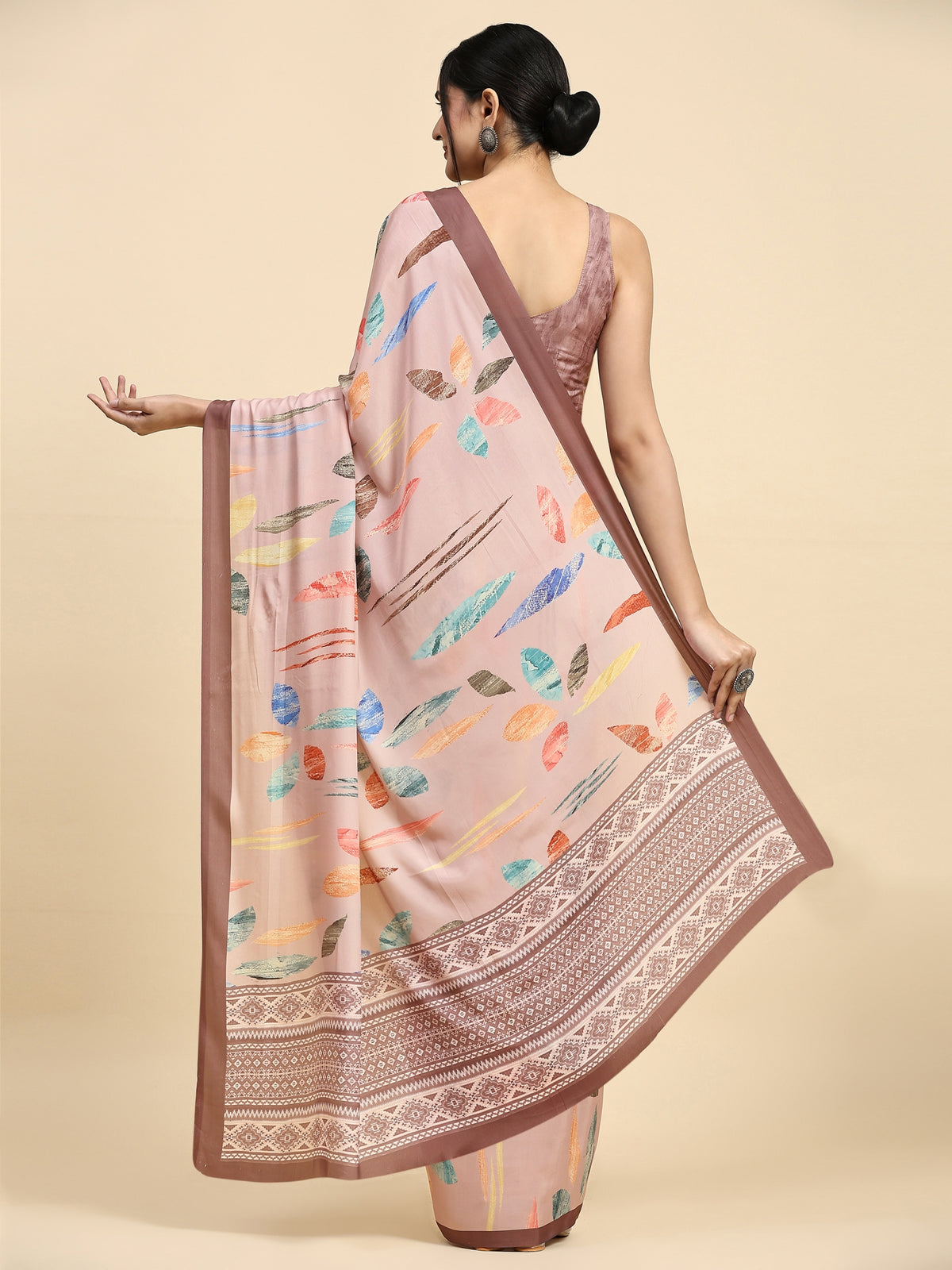 Peach Color Abstract Printed Satin Designer Saree