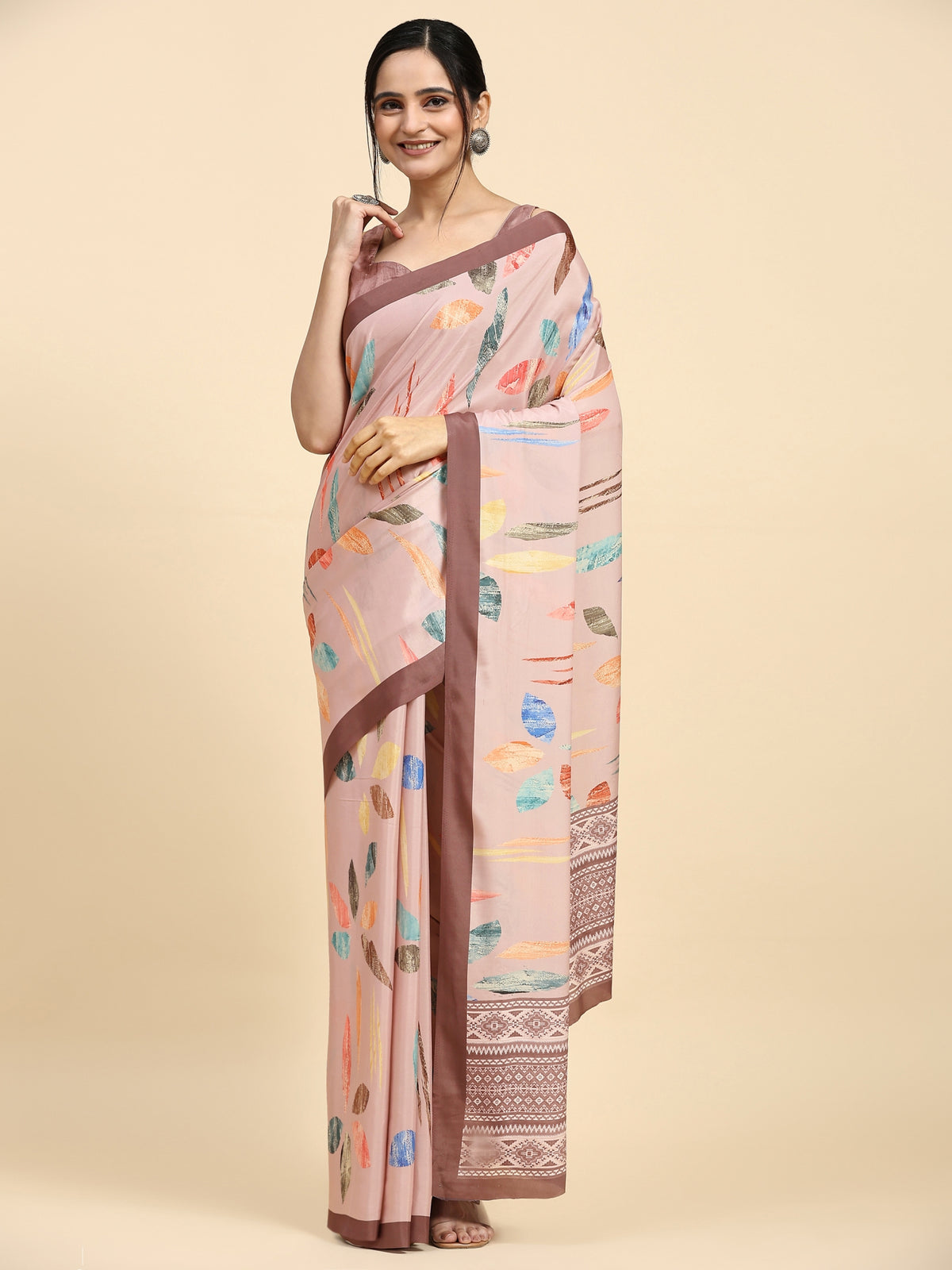 Peach Color Abstract Printed Satin Designer Saree